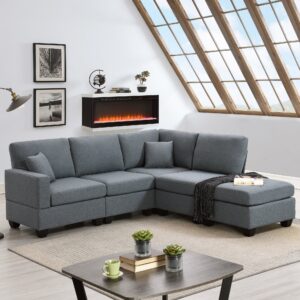 89.8*60.2" Modern Sectional Sofa,5-Seat Modular Couch Set with Convertible Ottoman,L-Shape Linen Fabric Corner Couch Set with 2 Pillows for Living Room,Apartment,Office, 3 Colors