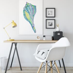 Seashell art, lightning whelk, wild, colorful, beach art, Watercolor art - teal, green, violet, office art, Happy, Colorful, Bright - 13x19